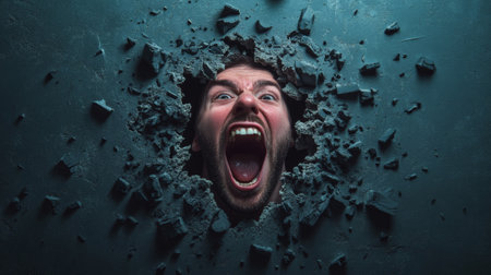 Man breaking through a dark concrete wall, screaming in desperation while expressing intense emotions of stress, anger, and frustration. Struggling against obstacles, seeking freedomの素材