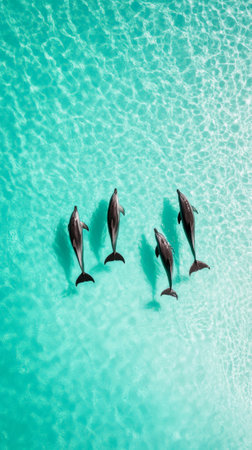 Five dolphins are swimming together in turquoise water, creating a beautiful scene of marine wildlife in their natural habitat, as seen from an aerial perspectiveの素材
