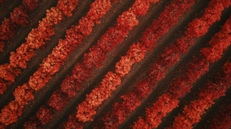 Aerial view of vineyards showing vibrant red and orange foliage arranged in diagonal rows, creating a captivating autumnal pattern across the landscapeの素材