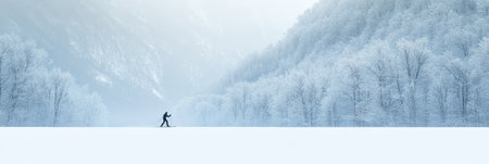 Cross country skier is skiing on a wide snowy plain with snow covered trees and mountains in the background, enjoying the tranquility and beauty of winter natureの素材