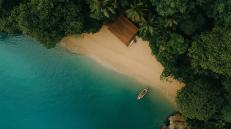 Lush green vegetation surrounds a secluded sandy beach with a wooden bungalow and a small boat floating on the crystal clear turquoise water, creating a perfect tropical island getawayの素材