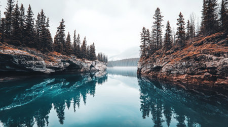 Stunning turquoise waters reflecting a majestic coniferous forest growing on rocky cliffs in a serene canadian landscape, showcasing the tranquility and untouched beauty of natureの素材