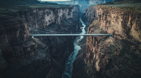 Modern suspension bridge spanning a deep canyon, featuring a flowing river below, highlighting an engineering marvel set against breathtaking natural beauty and stunning landscapesの素材