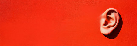 Large ear is attached to a vibrant red background, symbolizing the importance of hearing and the power of sound in communication and perceptionの素材