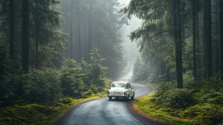 White vintage car driving away on a scenic, winding road through a misty, mysterious forest, creating a captivating atmosphere of adventure and escapeの素材