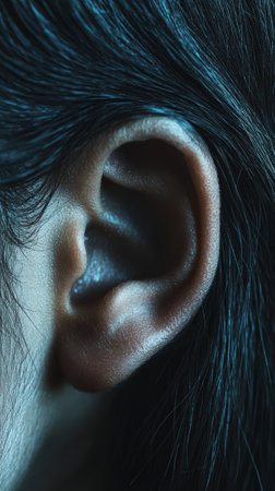 Macro photography of an ear highlighting the intricate details of the outer ear structure, emphasizing the sense of hearing and sound perception in low key lightingの素材