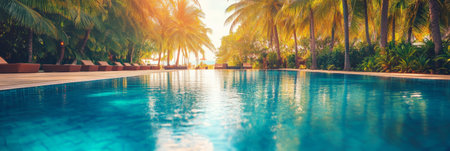 Tranquil blue swimming pool reflecting golden sunset light amidst lush palm trees and inviting deck chairs, creating a luxurious and relaxing vacation atmosphereの素材