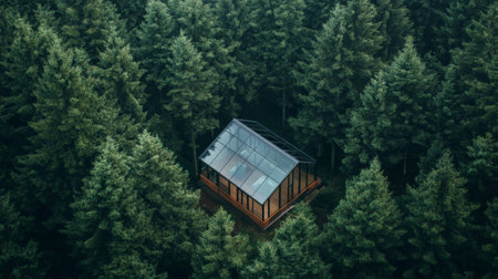 Capturing an aerial view of a stunning modern glass house nestled among dense coniferous trees, creating a tranquil and secluded retreat in a peaceful natural environmentの素材