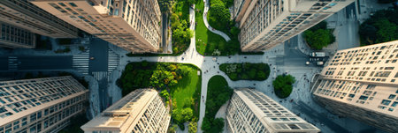 Lush green park with winding paths and trees provides a tranquil escape amidst towering skyscrapers in a bustling urban environment, creating a harmonious blend of nature and city lifeの素材