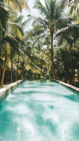 Long, inviting turquoise swimming pool surrounded by lush palm trees creating a serene and luxurious tropical oasis, perfect for relaxation and escapeの素材
