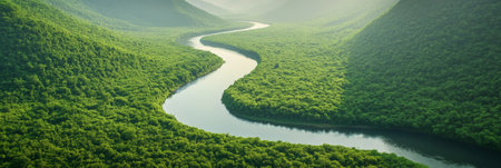 Capturing a breathtaking aerial view of a pristine river gracefully winding through a lush green valley, showcasing a mesmerizing and tranquil natural landscape filled with vibrant beautyの素材