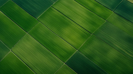 Aerial view captures the mesmerizing geometric pattern formed by vibrant green fields, showcasing the precision and artistry of agricultural landscapesの素材
