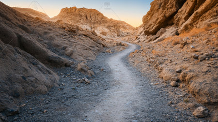 Golden hour sunlight illuminates a winding path through a desert canyon, creating a picturesque scene of tranquility and adventure as nature showcases its beautyの素材