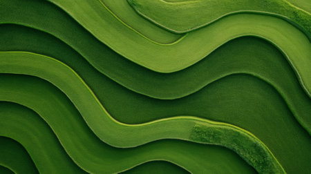 Aerial view of vibrant green rice terraces forming beautiful wavy patterns across a vast agricultural landscape, showcasing sustainable farming practices and the artistry of natureの素材