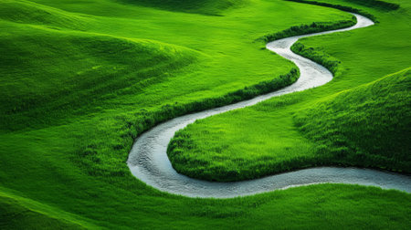 Small river flowing through a green meadow creating a winding path through the grass, providing a source of life and tranquility to the landscapeの素材