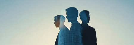 Three businessmen silhouettes are overlapping a modern skyscraper at sunset, symbolizing their ambition, success, and the dynamic world of businessの素材