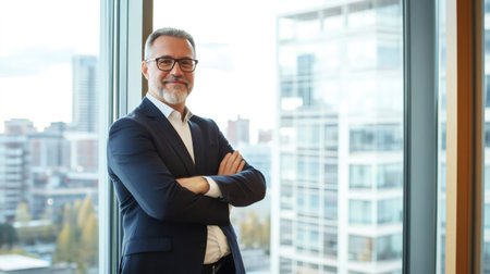 Portrait of a confident senior businessman smiling with folded arms in a modern office, showcasing leadership and success in corporate environment with cityscape viewの素材