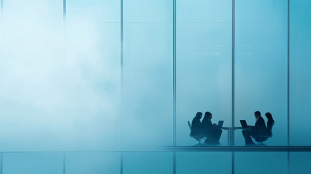 Four business people are sitting around a table, working on their laptops in a modern office with large windows, creating silhouettes against the bright natural lightの素材
