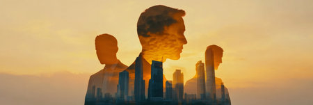 Three businessmen silhouettes are overlapping a modern cityscape at sunset, symbolizing their ambition, vision, and the potential for growth and success in the business worldの素材