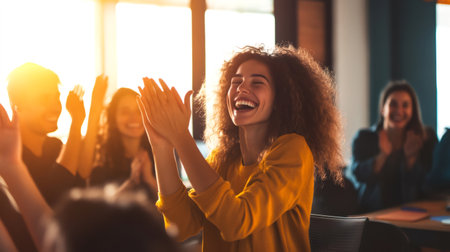 Diverse group of colleagues is applauding and cheering, expressing joy and excitement during a business meeting in a modern office, bathed in warm sunlightの素材