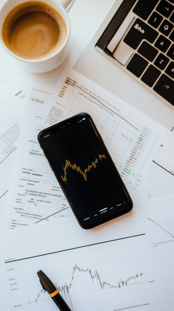Businessman is checking stock market data on smartphone while analyzing financial charts, drinking coffee and using laptop during a working breakの素材