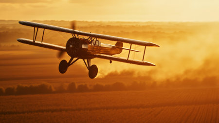 Biplane flying low over cultivated fields, leaving a trail of dust during a breathtaking sunset, creating a nostalgic and adventurous sceneの素材