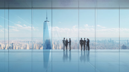 Businesspeople are discussing in a modern office with large windows overlooking one world trade center and the new york city skyline on a sunny dayの素材