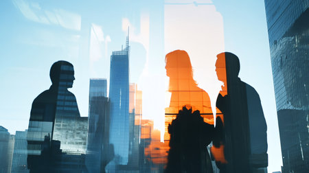 Silhouetted business people are having a discussion in a modern office with a stunning cityscape view reflecting on the glass window, creating a dynamic and ambitious atmosphereの素材