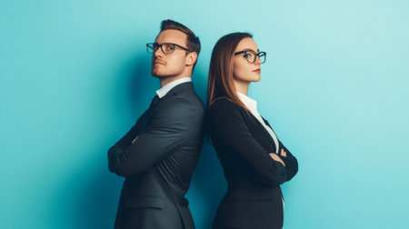 Two business people with arms crossed standing back to back looking in opposite directions on a blue background, representing disagreement or different perspectives in businessの素材
