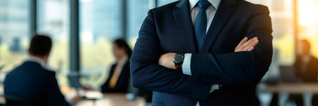 Confident businessman in suit crossing his arms, standing in a modern office with his colleagues working in the background, conveying leadership and professionalismの素材