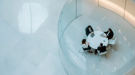 Four business people are sitting around a white circular table in a modern office building, collaborating on a project and discussing important mattersの素材