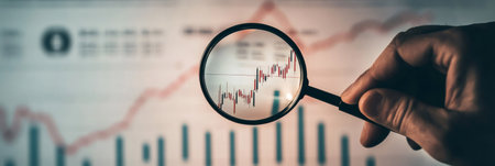 Businessman analyzing a candlestick chart on a computer screen with a magnifying glass, examining financial data for investment opportunities and studying market trendsの素材