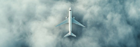 White passenger airplane flying above a dense layer of clouds during daytime, creating a captivating aerial view of air travel and transportationの素材