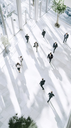 High angle view of businesspeople walking in the bright lobby of a modern office building with large windows and potted plants, creating long shadows on the marble floorの素材