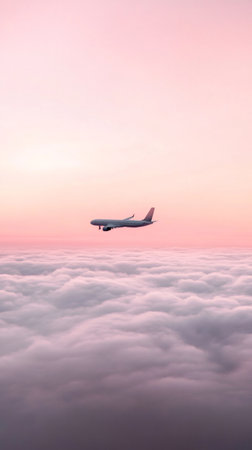 Modern passenger airplane soaring through a stunning pink cloudscape at sunset, evoking a dreamy and inspiring atmosphere for travel and adventureの素材