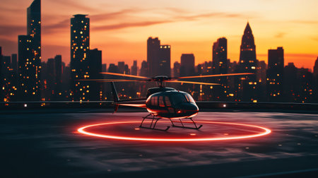Modern helicopter parked on a rooftop helipad with a glowing red circle, offering a stunning cityscape view at sunset, symbolizing luxury, business travel, and urban explorationの素材