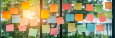 Colorful sticky notes with handwritten text are attached to a window, illuminated by sunlight, suggesting a brainstorming session for new business ideasの素材