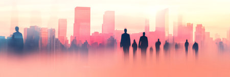 Silhouettes of businesspeople walking towards a modern city skyline at sunset, creating a powerful image of ambition, progress, and the dynamic world of businessの素材