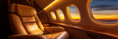 Empty first class comfortable leather seat inside a private jet cabin with sunset light shining through windows during a flight, offering a luxurious and exclusive travel experienceの素材