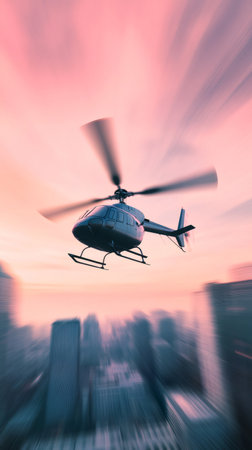 Helicopter soaring above modern skyscrapers during a stunning sunset, capturing a vibrant urban scene filled with motion blur, highlighting the dynamic energy of the cityscapeの素材