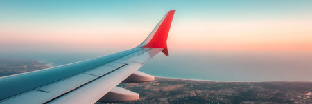 Soaring above a coastal city, an airplane wing captures the warm hues of sunset, creating a stunning backdrop for travel and business adventures against a serene skyの素材