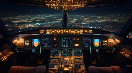Airplane cockpit control panel illuminated at night flying over a brightly lit city with pilots navigating and controlling the aircraft during landing or takeoffの素材