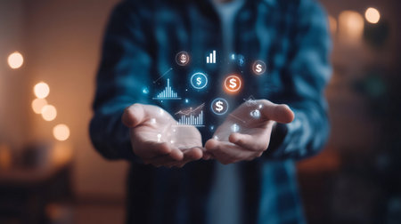 Businessman presenting holographic financial charts, dollar signs, and various business icons, showcasing investment, fintech, and augmented reality in business analysisの素材