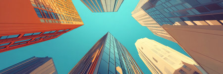 Modern skyscrapers rising against a vibrant blue sky create a dynamic cityscape, symbolizing ambition and progress within the bustling business world of urban architectureの素材