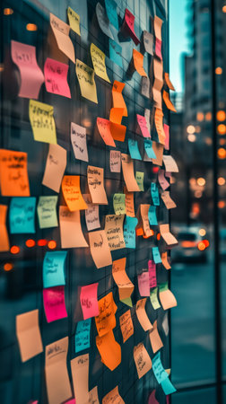 Many colorful sticky notes are attached to a glass board, reflecting city lights in the background, suggesting brainstorming and project development in a business environmentの素材