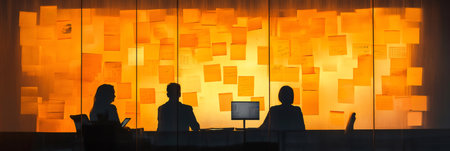 Silhouetted business people are working late at night in the office using sticky notes on a glass wall to organize their work, with a computer monitor in the centerの素材