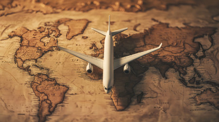 Miniature airplane model is positioned on a vintage world map, representing global travel, business opportunities, and the interconnectedness of the modern worldの素材