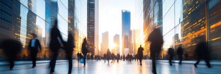 Business people walking along a bustling city street at sunset, capturing a vibrant sense of motion and purpose against a backdrop of towering skyscrapers and modern architectureの素材