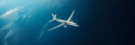 Passenger airliner flying high above earth, showcasing the beauty of our planet from a unique perspective, blending air travel with the vastness of spaceの素材