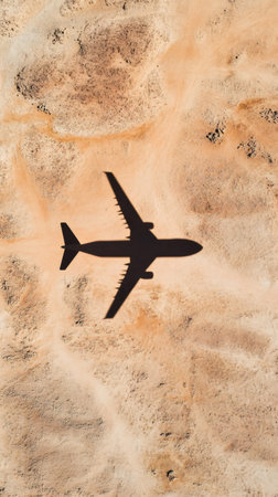 Airplane shadow flying over a vast desert landscape, creating a powerful visual metaphor for business travel, global reach, and the airline industryの素材